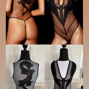 Honey BIRDETTE black sheer mesh dragon lingerie oriental bodysuit XS NEW RARE